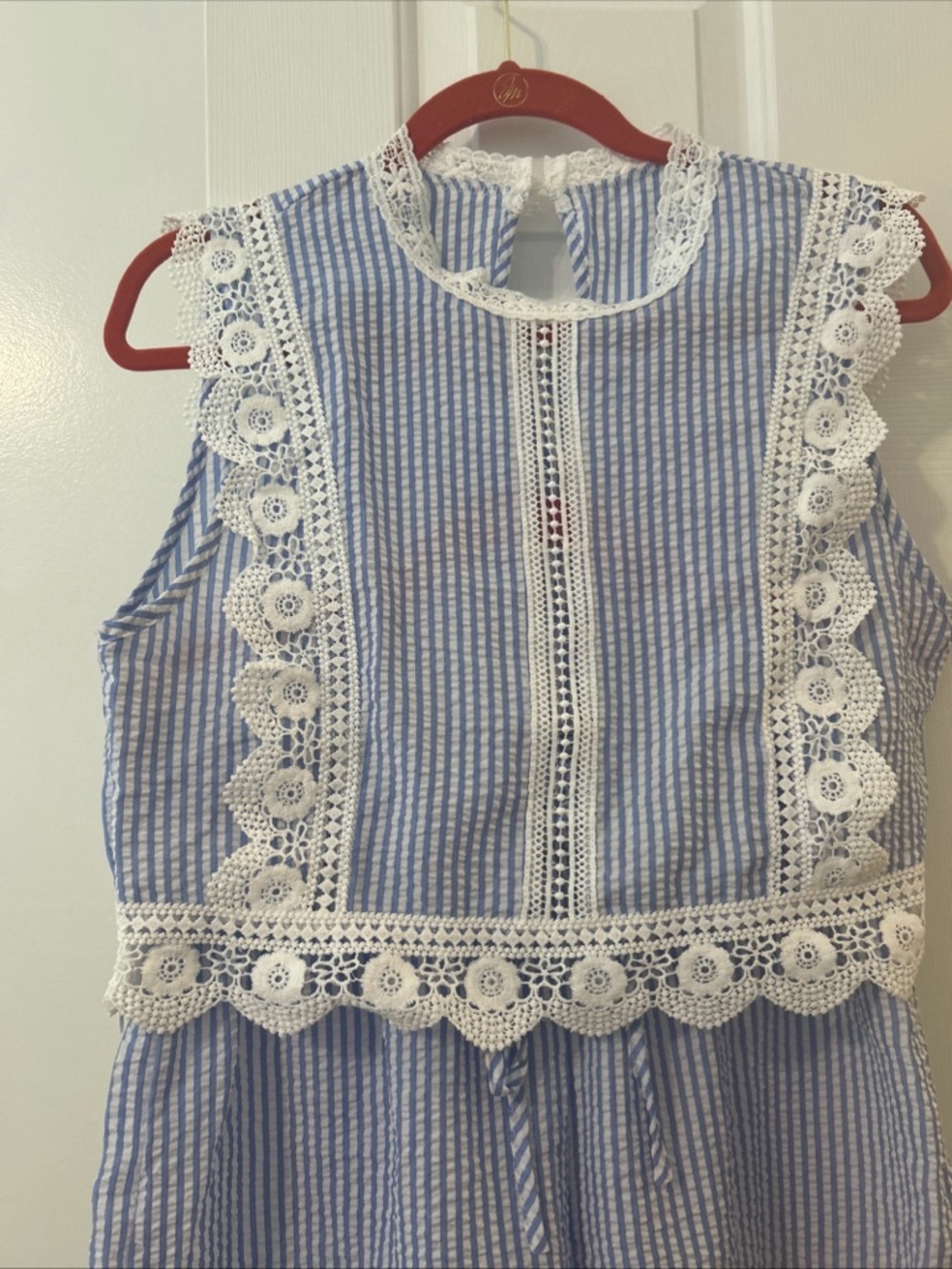 Blue and White Striped Lace-Trim Women's Shorts Set - Picture 3 of 5